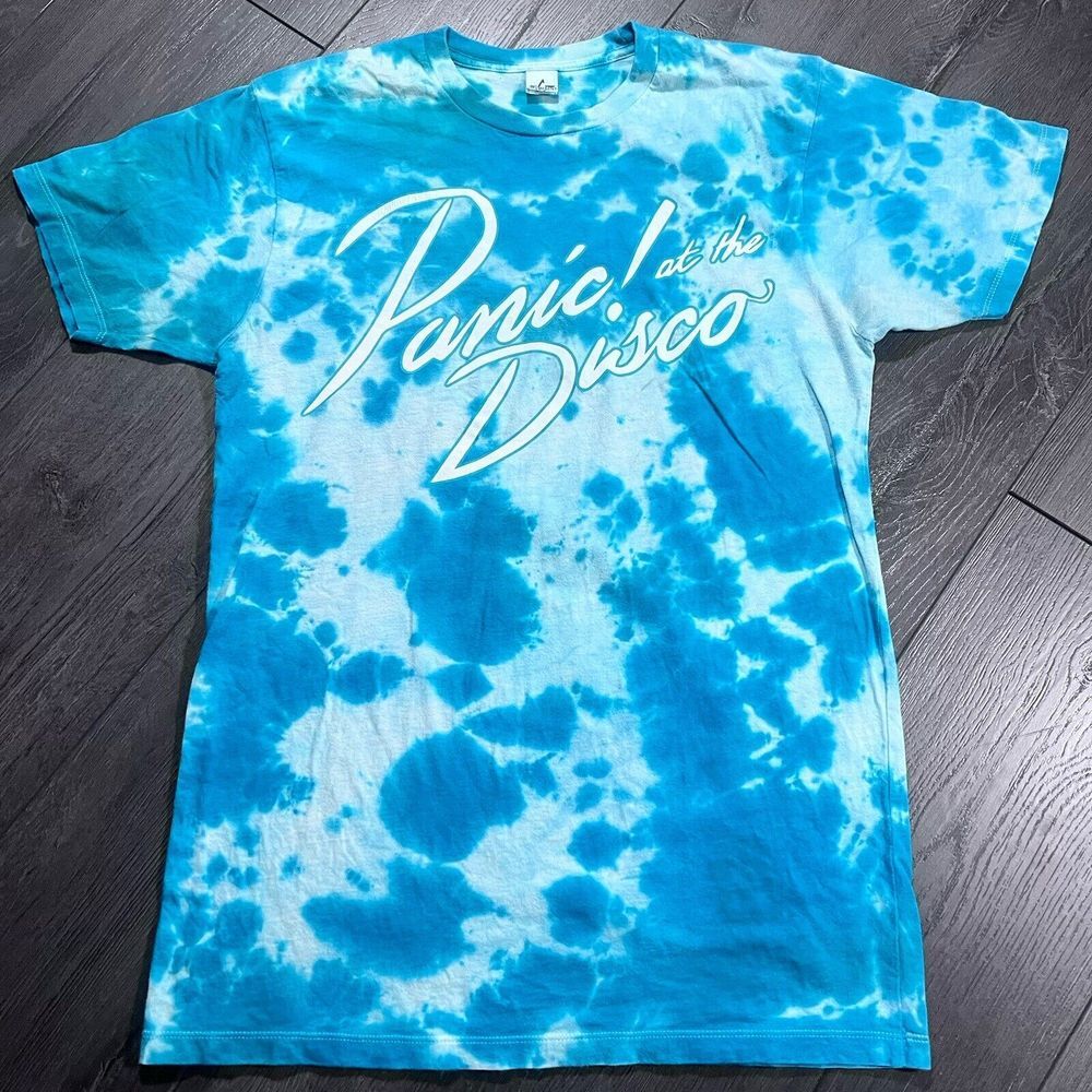 Panic At The‎ Disco T Shirt Womens Medium Blue White Short Sleeve Tie Dye Retro